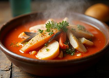 Bol de bouillabaisse fumante, garnie de poissons et de fruits de mer