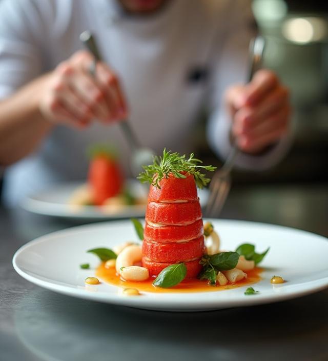 Le Chef dressant une assiette de homard avec précision dans un cadre élégant