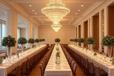 Salle de restaurant décorée pour un mariage, avec tables mises et fleurs