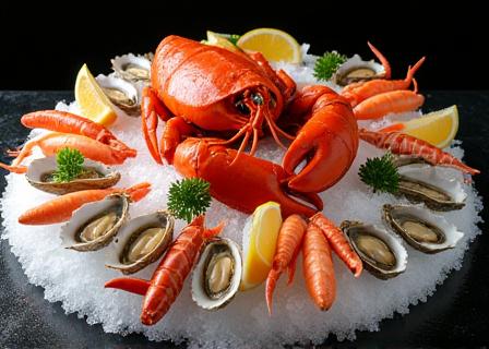 Grand plateau de fruits de mer sur glace avec homard, huîtres et langoustines