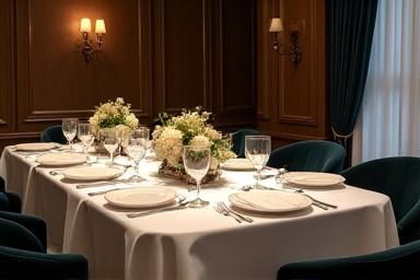 Table élégante dressée dans un salon privé pour un petit groupe