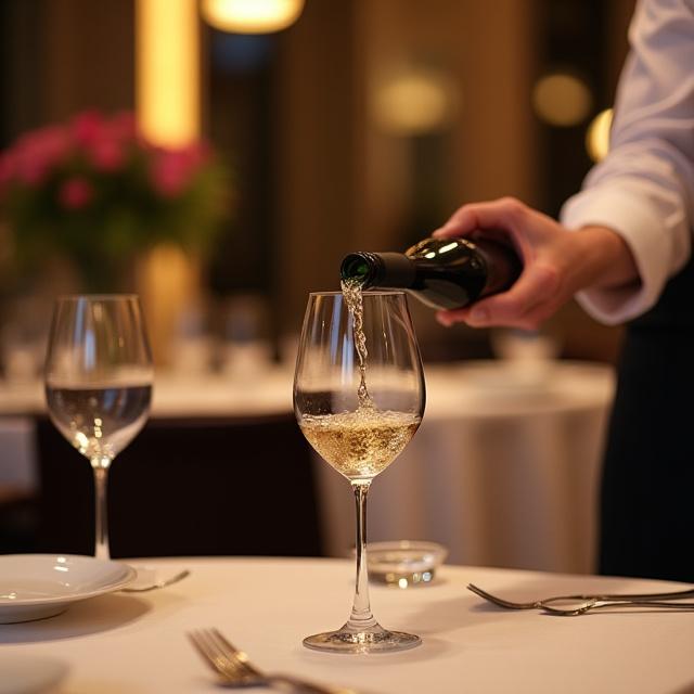 Sommelier versant un vin blanc sec dans un verre en cristal, ambiance raffinée