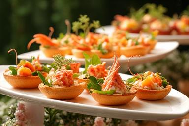 Magnifique buffet traiteur avec canapés aux fruits de mer et décorations florales